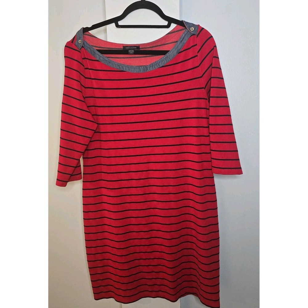 Tommy Hilfiger XL Red Navy Striped‎ Boat Neck Dress Nautical Preppy 4th July USA